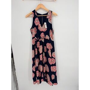 Ann Taylor Factory Midi Dress 6‎ Navy Pink Floral Sunburst Garden Party Summer